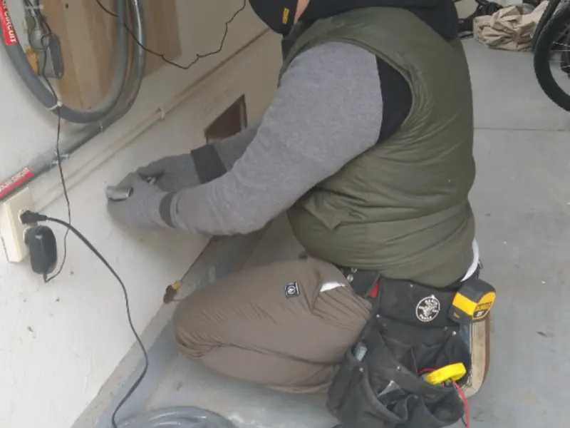 Electrician performing outlet wiring in a Hutchinson garage
